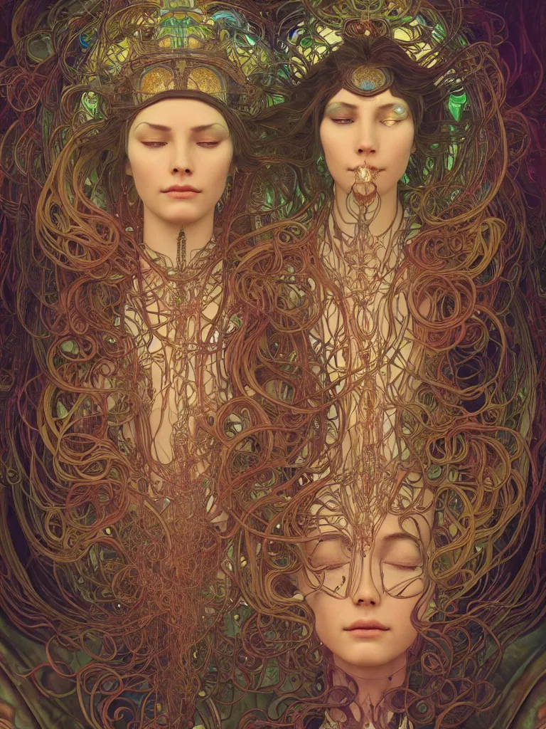 Image similar to an ancient mystical alluring female shaman generating flowing energy and surrounded by wisps of incense smoke sits meditating in a magical cybernetic robot temple , face face face, by android jones and alphonse mucha, 3d, cinema 4d render, trending on artstation