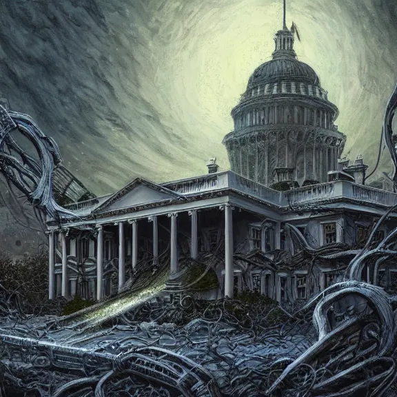 Image similar to the white house, apocalyptic, gerald brom, hyper detailed, 8 k, fantasy, dark, grim