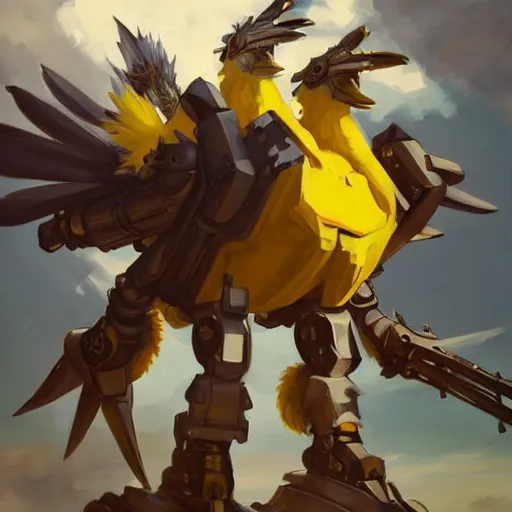 Image similar to greg manchess portrait painting of fully armored chocobo on top of a huge mecha as overwatch character, totally whack, medium shot, asymmetrical, profile picture, organic painting, sunny day, matte painting, bold shapes, hard edges, street art, trending on artstation, by huang guangjian and gil elvgren and sachin teng