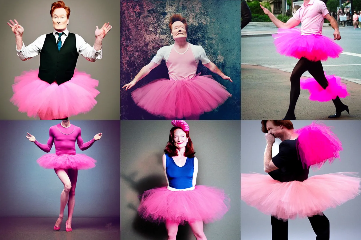 Prompt: conan o ’ brien wearing a tutu, very pretty, pink tones, photo quality