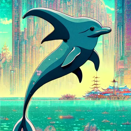 Image similar to a beautiful hyperdetailed character design 4 k wallpaper illustration of a cute dolphin, city by the sea, victo ngai cyberpunk style, from china, style of studio ghibli, makoto shinkai, raphael lacoste, louis comfort tiffany, artgerm, james jean, ross tran, chinese style