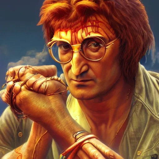 Prompt: john lennon as dhalsim street fighter, ultra realistic, concept art, intricate details, highly detailed, photorealistic, octane render, 8 k, unreal engine, art by frank frazetta, simon bisley, brom