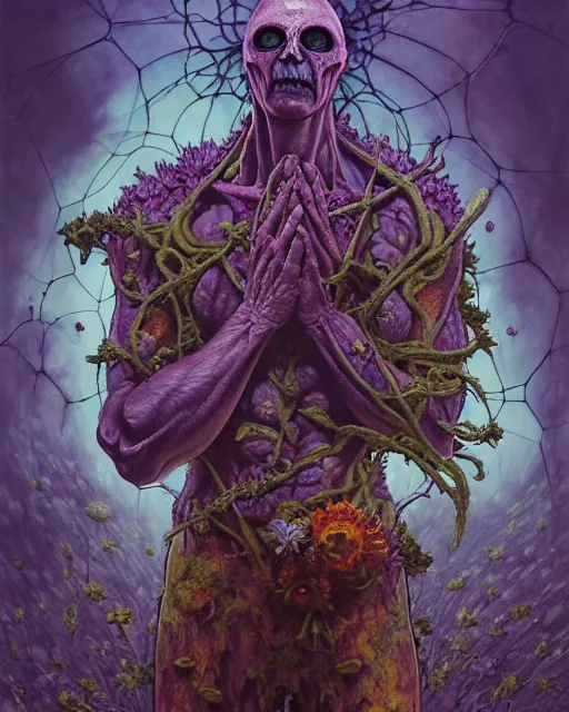 Prompt: the platonic ideal of flowers, rotting, insects and praying of cletus kasady carnage thanos davinci dementor chtulu mandala ponyo doctor manhattan the witcher, fantasy, ego death, decay, dmt, psilocybin, concept art by randy vargas and greg rutkowski and zdzisław beksinski