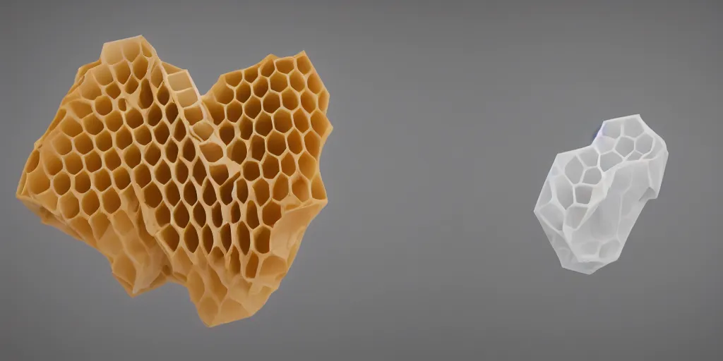 Prompt: organic shaped honeycomb asymmetric capsule, no - gravity, maximum natural texture, white warm illumination, best color graded, vray beautiful, subsurface scatter, hyper - realistic render