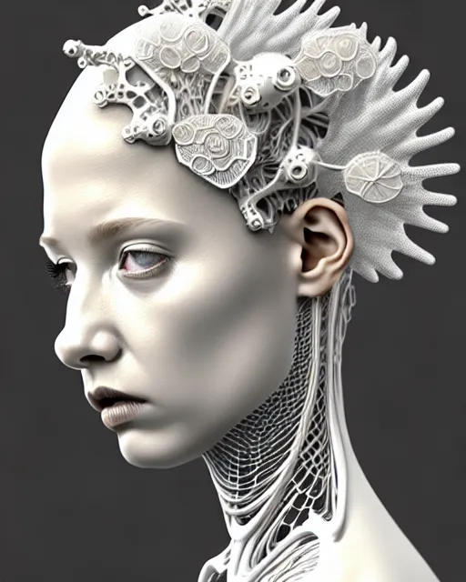 Image similar to bw 3 d render, stunning beautiful very young angelic cute biomechanical albino female cyborg with a porcelain profile face, rim light, big leaves and stems, roots, fine foliage lace, alexander mcqueen, art nouveau fashion embroidered collar, steampunk, silver filigree details, hexagonal mesh wire, mandelbrot fractal, elegant, artstation trending