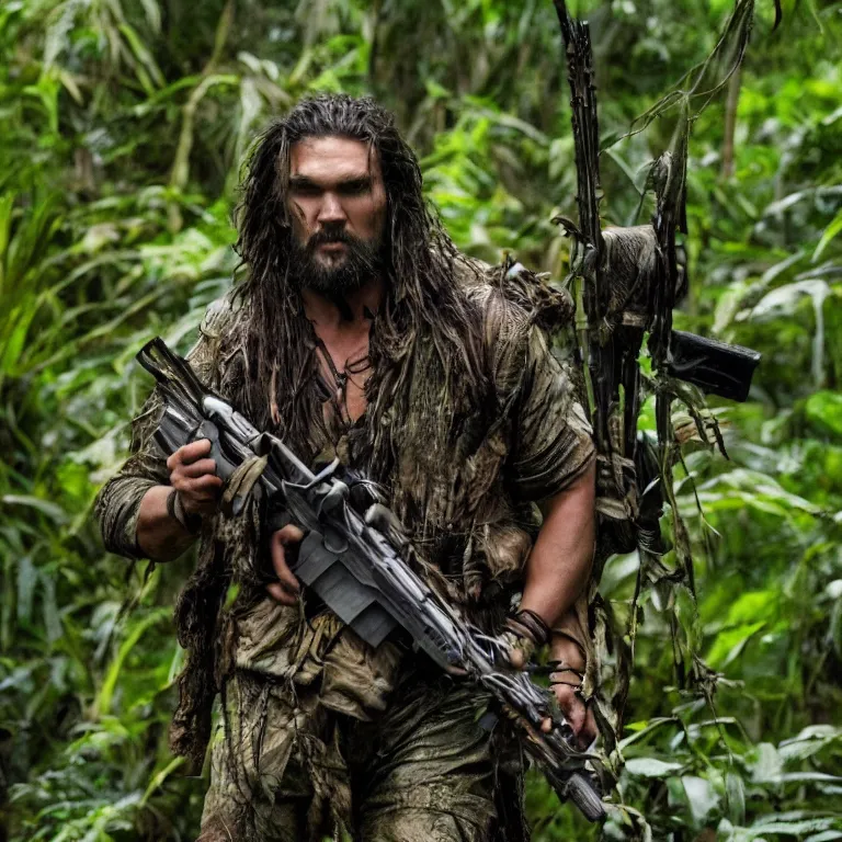 Image similar to jason mamoa in the movie predator with rifle in the jungle, photo - realism, realism, predator, jungle camo