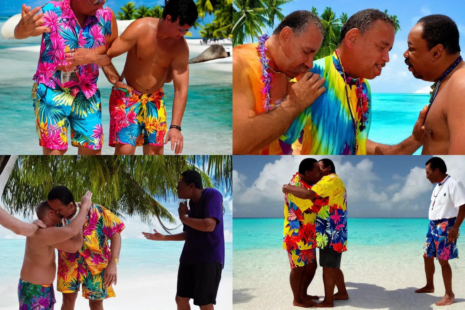 Prompt: a colorful vibrant candid vacation modern 2010 photo of priest martin luther kissing martin luther king jr in Maldives tropical paradise wearing shorts and an aloha shirt beach in background