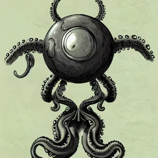 Image similar to Orb monster with many ears, no eyes, tentacles holding guns, D&D, high quality, trending on artlist