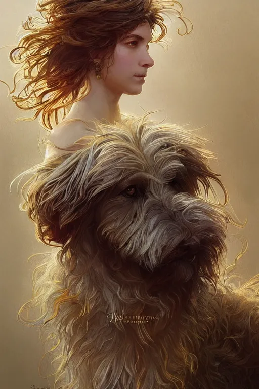 Image similar to a beautiful shaggy dog, gold jewellery, dnd, fantasy, intricate, elegant, highly detailed, digital painting, artstation, concept art, smooth, sharp focus, illustration, art by artgerm and greg rutkowski and alphonse mucha