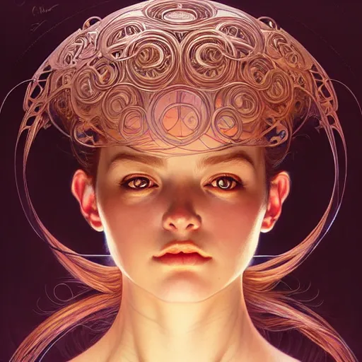 Image similar to Portrait of a girl surrounded by floating orbs, face, fantasy, intricate, elegant, highly detailed, digital painting, artstation, concept art, smooth, sharp focus, illustration, art by Hajime Sorayama and Fernanda Suarez and Artem Demura and alphonse mucha