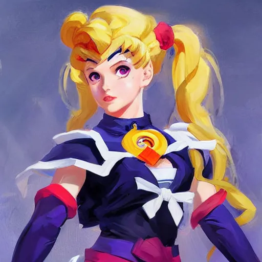 Prompt: greg manchess portrait painting of sailor moon as overwatch character, medium shot, asymmetrical, profile picture, organic painting, sunny day, matte painting, bold shapes, hard edges, street art, trending on artstation, by huang guangjian and gil elvgren and sachin teng