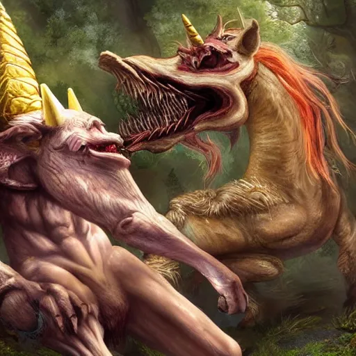 Prompt: carnivorous unicorn devouring a bugbear from dungeons and dragons high resolution ultra realistic