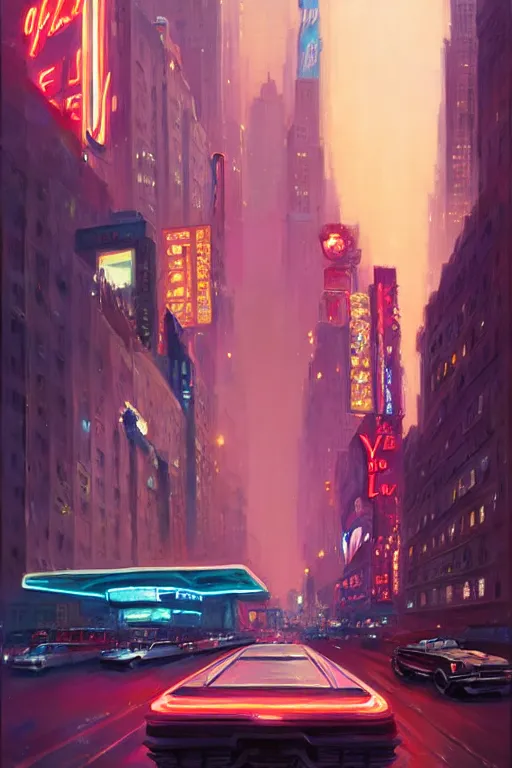 Image similar to four guys drove one into the gateway of the new york of the future, neon signs,, painting by greg rutkowski, j. c. leyendecker, artgerm