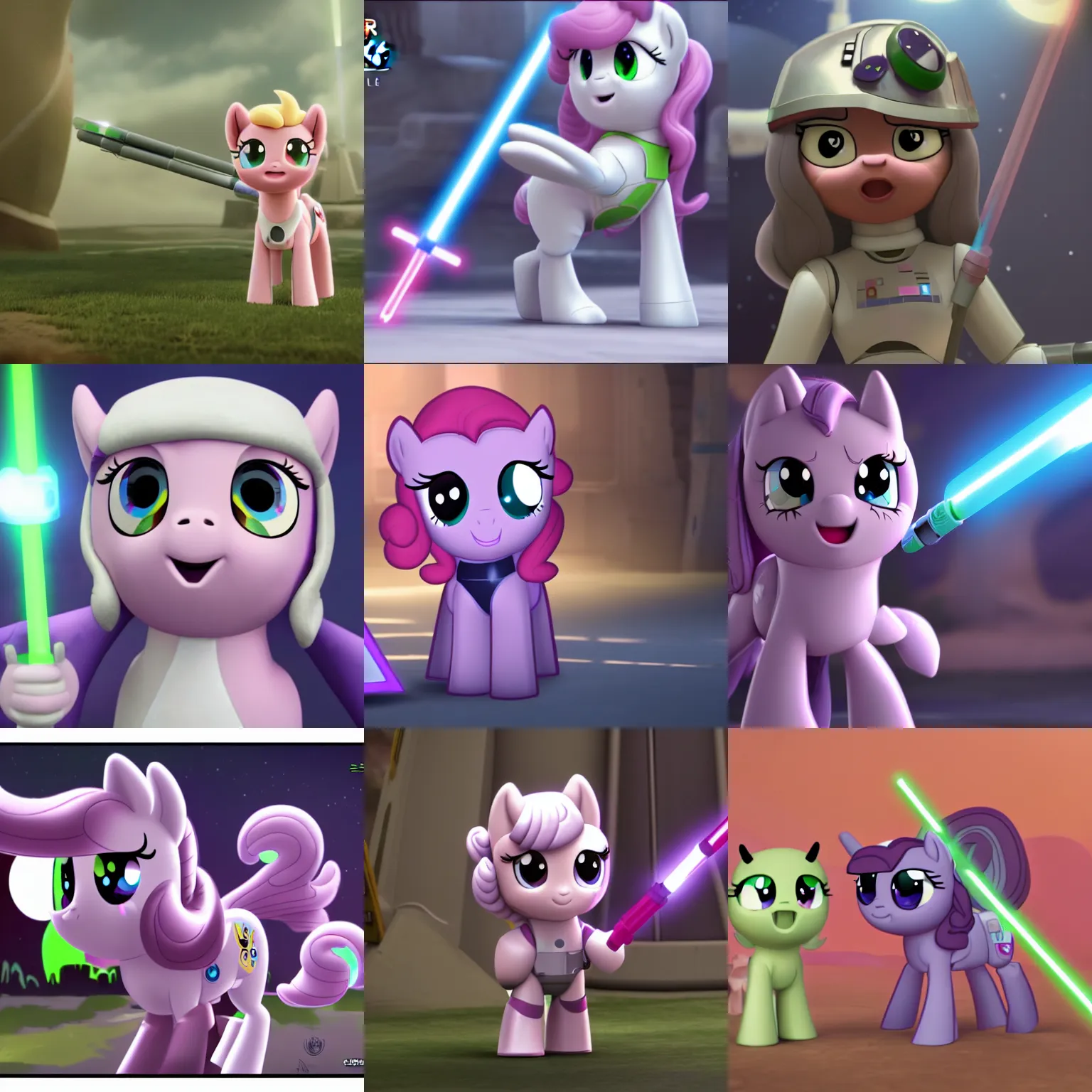 Prompt: sweetie belle in star wars : episode iv - a new hope as a kedi knight with a green lightsaber | trending on artstation, derpibooru, my little pony : friendship is magic in star wars, 8 k, cgi special effects
