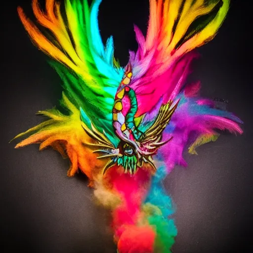 Image similar to multi color smoke with the small ( outstretched ribbed wings and head of a fairytale dragon ), billowy, 8 k, 4 k