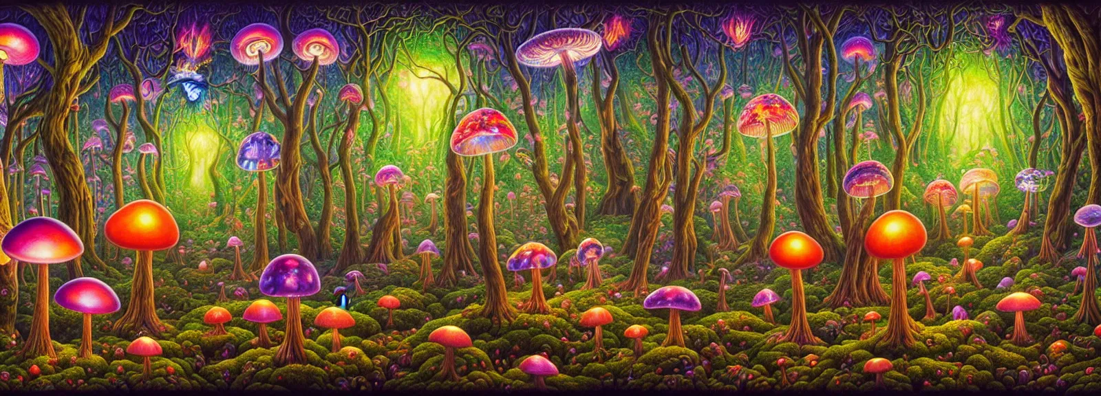 Prompt: a photorealistic highly detailed painting of a magic forest with cute beautiful flying fairies and glowing toadstools by alex gray, johfra bosschart, lisa frank, ithell colquhoun, visionary art, dark fantasy art, high detail, trending on artstation