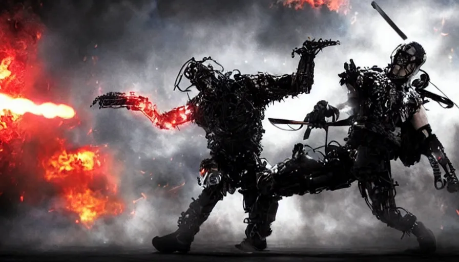 Prompt: big budget action movie about demonic battle cyborg fighting a policeman