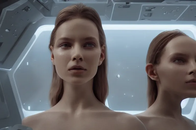 Image similar to VFX movie of a futuristic space woman model gorgeous portrait in inhuman future spaceship, beautiful natural skin natural lighting by Emmanuel Lubezki