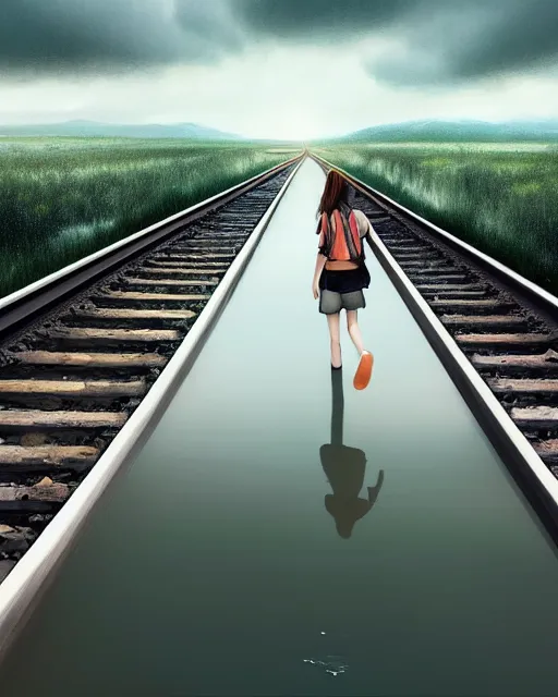 Image similar to photo of girl walking along train tracks that are submerged under a few inches of reflective water toward a station in the distance, wide horizon, large white clouds, intricate, elegant, highly detailed, digital painting, artstation, concept art, smooth, sharp focus, illustration, art by artgerm and greg rutkowski and fra angelico
