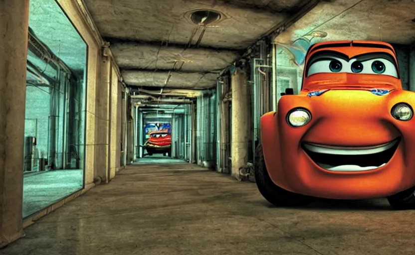 Image similar to mater from cars in a mirrored fractal hallway, romance novel cover, in 1 9 9 5, y 2 k cybercore, industrial photography, still from a ridley scott movie