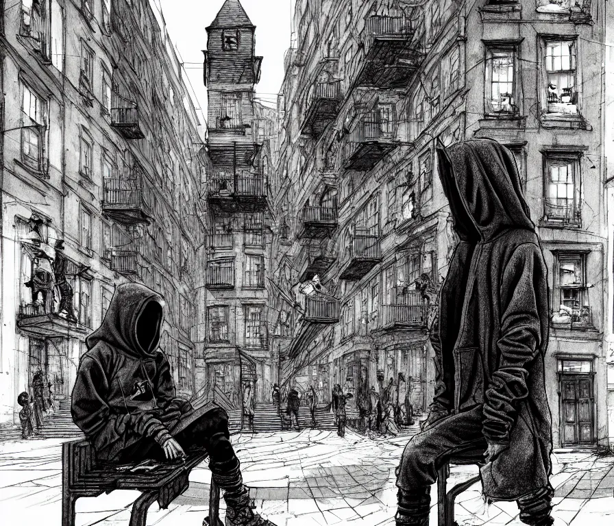 Prompt: sadie sink in hoodie sits on bench in ruined square, pedestrians walk by, steampunk tenements : storyboard, scifi cyberpunk. by gabriel hardman. cinematic atmosphere, detailed and intricate, perfect anatomy