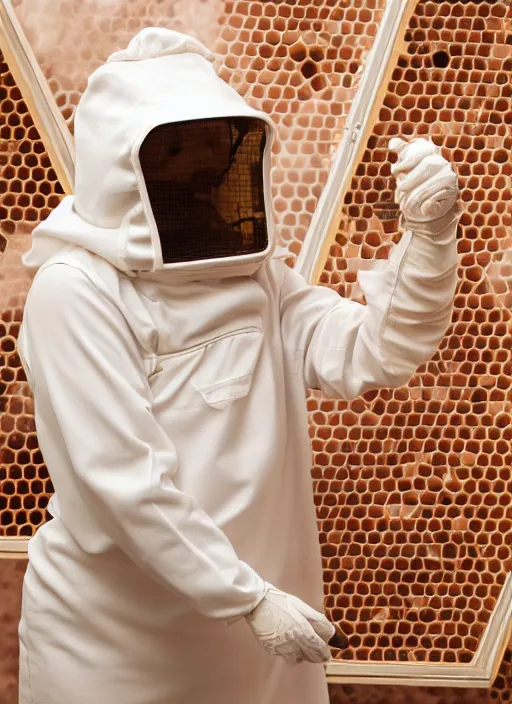 Image similar to futuristic female beekeeper, wearing silky nanotech honeycomb robe, dramatic lighting, golden colors, light shaft