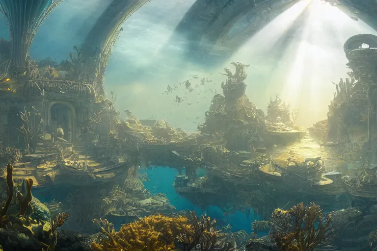 Image similar to a scenic landscaping view of the lost and abandoned city of Atlantic under water, ray of sunlight, mermaids in distance, Greg Rutkowski, Moebius, Mohrbacher, Mucha, blue and gold color scheme, ultra wide angle, ultra detailed, light effect