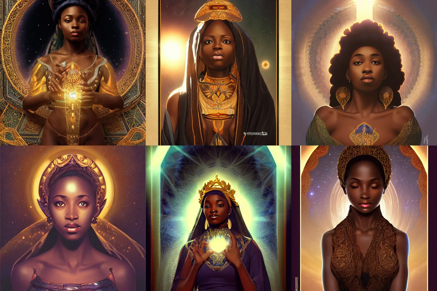 Prompt: wise black african princess, warm volumetric lighting, cosmic, symmetric, highly detailed, elegant, concept art, heavenly, god rays, intricate, sharp focus, illustration, alexandros pyromallis, bouguereau, rutkowski, artgerm, alphonse mucha