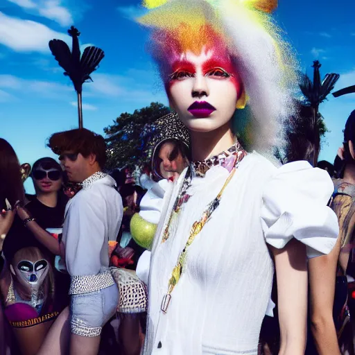 Prompt: detailed photo, kitsch fashion, rave fashion, androgynous people in white clothes, new age, vogue, 4 k, 8 k