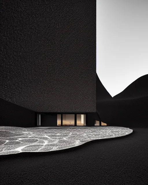 Image similar to tall black geometric house, embedded in lava cliff, full view, black house, molten metal house, minimal, rippled white landscape, dwarven architecture, light from molten iron, octane render, hyper realistic, 8 k, octane render