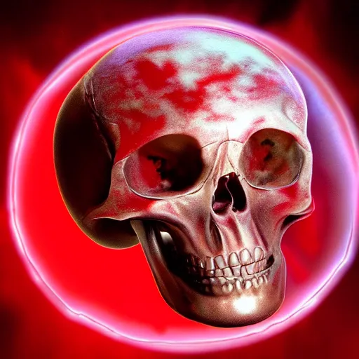 Image similar to turbulent red liquid inside in a transparent skull by akira toriyama