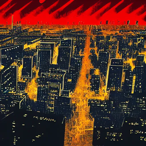 Prompt: City in the night, Joe Biden is in the middle (crossfade) with red eyes, art station