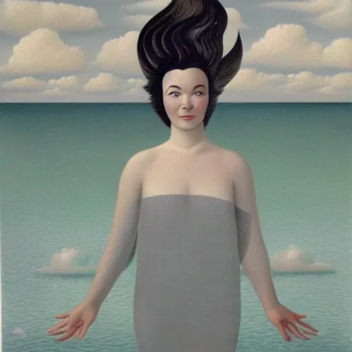 Prompt: very detailed portrait of photorealistic bjork floating above the ocean into a gray skay. painted by rene magritte, 1 9 2 7. oil on canvas.