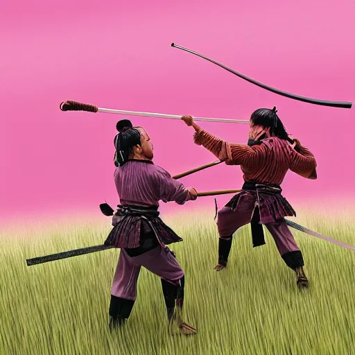 Prompt: samurai fighting in Wide Pink Grass land, claymotion, Hyperrealism, Photorealism, ambiance, hyper detailed