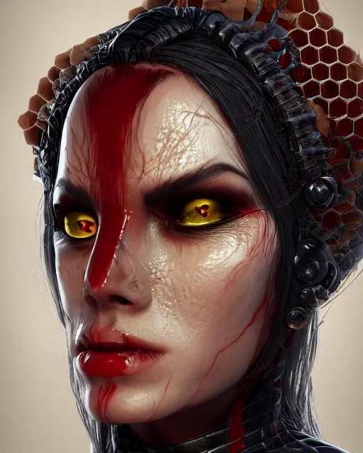 Image similar to headshot portrait of nightmare queen inspired by honeycomb beehives, detailed, textured, realistic, unreal engine, cgsociety, cinematic lighting, concept art