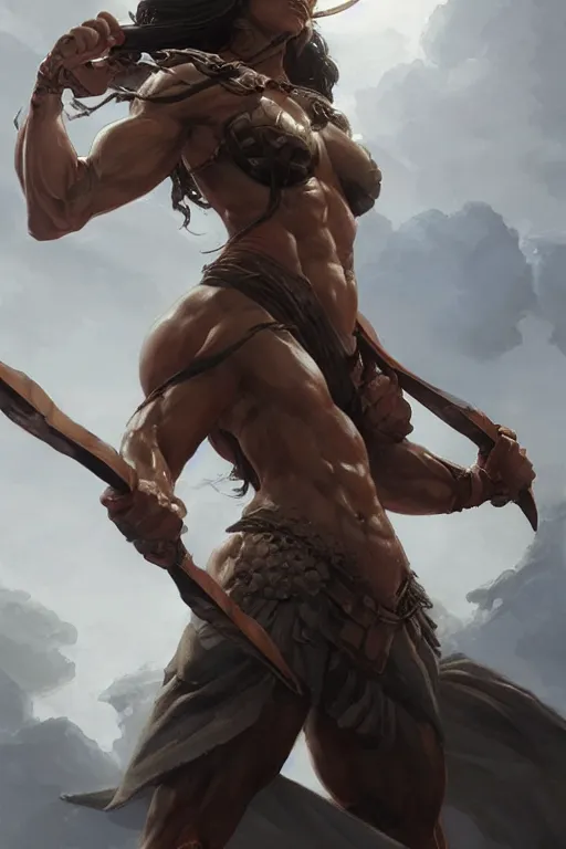 Image similar to goddess of war, accurate anatomy, muscular body, only two hands, highly detailed, digital painting, artstation, concept art, smooth, sharp focus, illustration, Unreal Engine 5, 8K, art by artgerm and greg rutkowski and edgar maxence