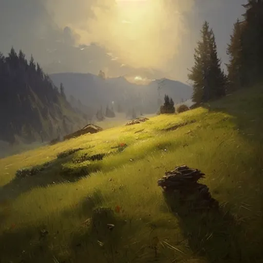 Image similar to summer meadow, hills, landscape, concept art, style of Greg Rutkowski