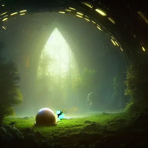 Image similar to , forest with big dome inside a spaceship, stephen bliss, misty, unreal engine, pixar, fantasy art by greg rutkowski, loish, ferdinand knab, and lois van rossdraws, global illumination, radiant light, minimalist, detailed and intricate environment