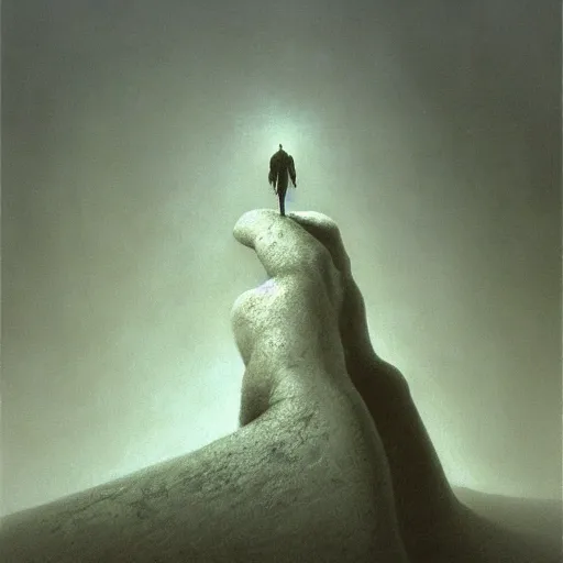 Prompt: arm reaching out of thick fog, marble slabs, zdzislaw beksinski