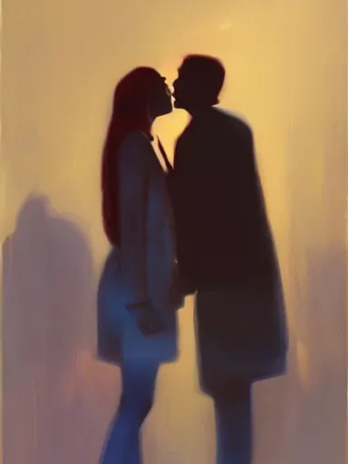 Image similar to masterpiece painting by salman toor, of a solo individual portrait of a guy and a girl kissing, cinematic light, renaissance, atmospheric effects, artstation