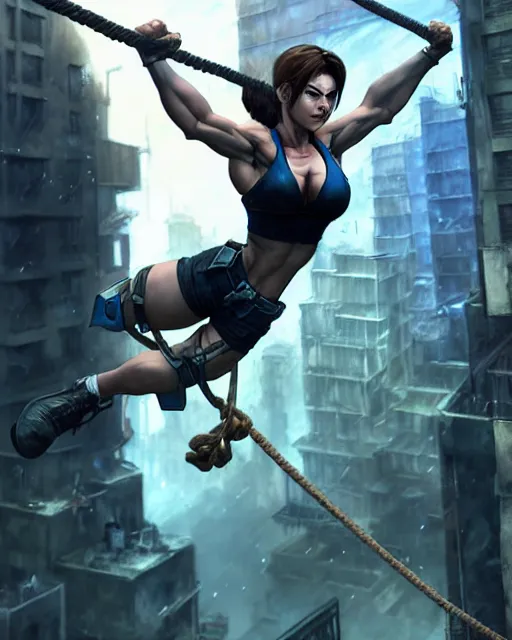 Image similar to gigachad jill valentine bodybuilder swinging from a building with a rope in racoon city, fantasy character portrait, ultra realistic, anime key visual, full body concept art, intricate details, highly detailed by greg rutkowski, ilya kuvshinov, gaston bussiere, craig mullins, simon bisley