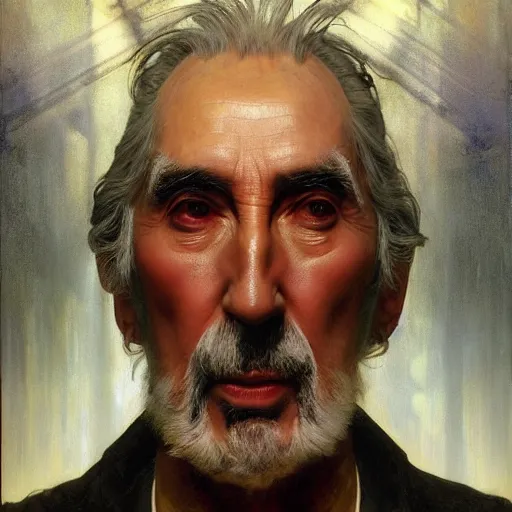 Image similar to hyperrealist portrait of christopher lee as an ancient old alien with large cruel intelligent eyes and a huge head standing in front of a computer interface by jeremy mann and alphonse mucha and alan lee, fantasy art, photo realistic, dynamic lighting, artstation, poster, volumetric lighting, very detailed faces, award winning, full face, symmetry