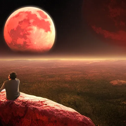 Image similar to gustavo cerati sitting on the red moon, digital art, matte painting, render unreal engine, highly detailed,