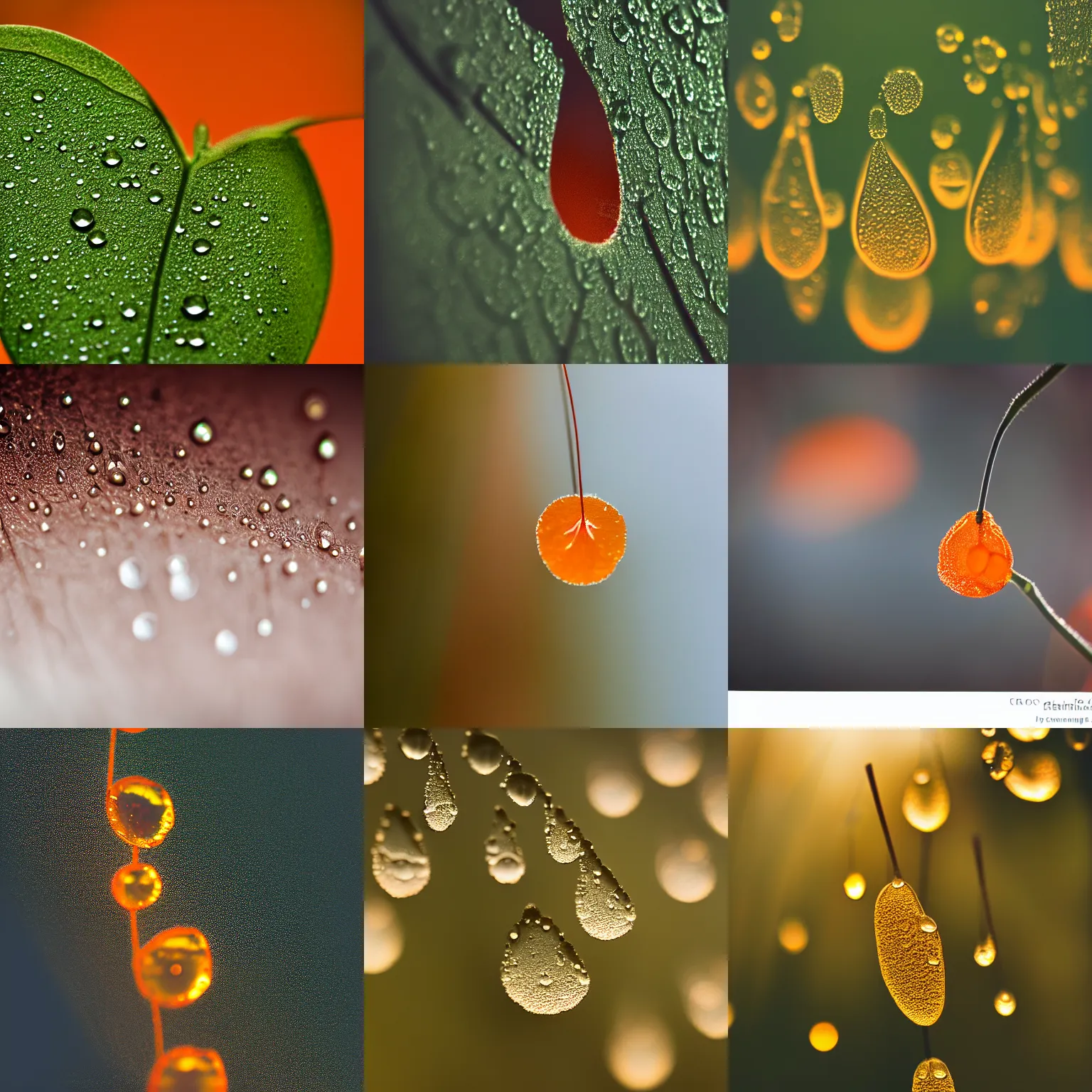 Prompt: macro shot photography of dew drops hanging from a silhouette of a thin plant with a blurred depth of field orange background light