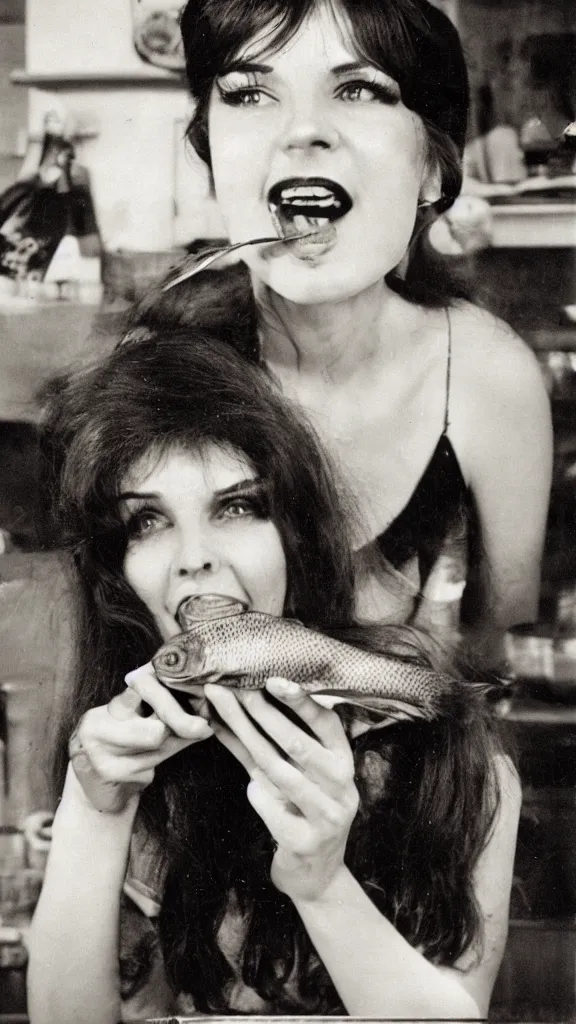 Prompt: 7 0 s photo of a sultry woman eating a fish pie