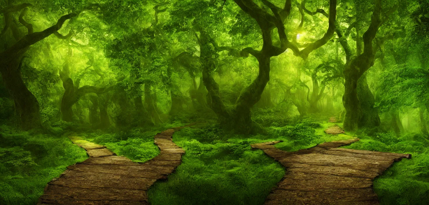 Image similar to a wooden path in the middle of a lush green forest, a detailed matte painting by john eyre, shutterstock contest winner, magical realism, enchanting, matte painting, mystical