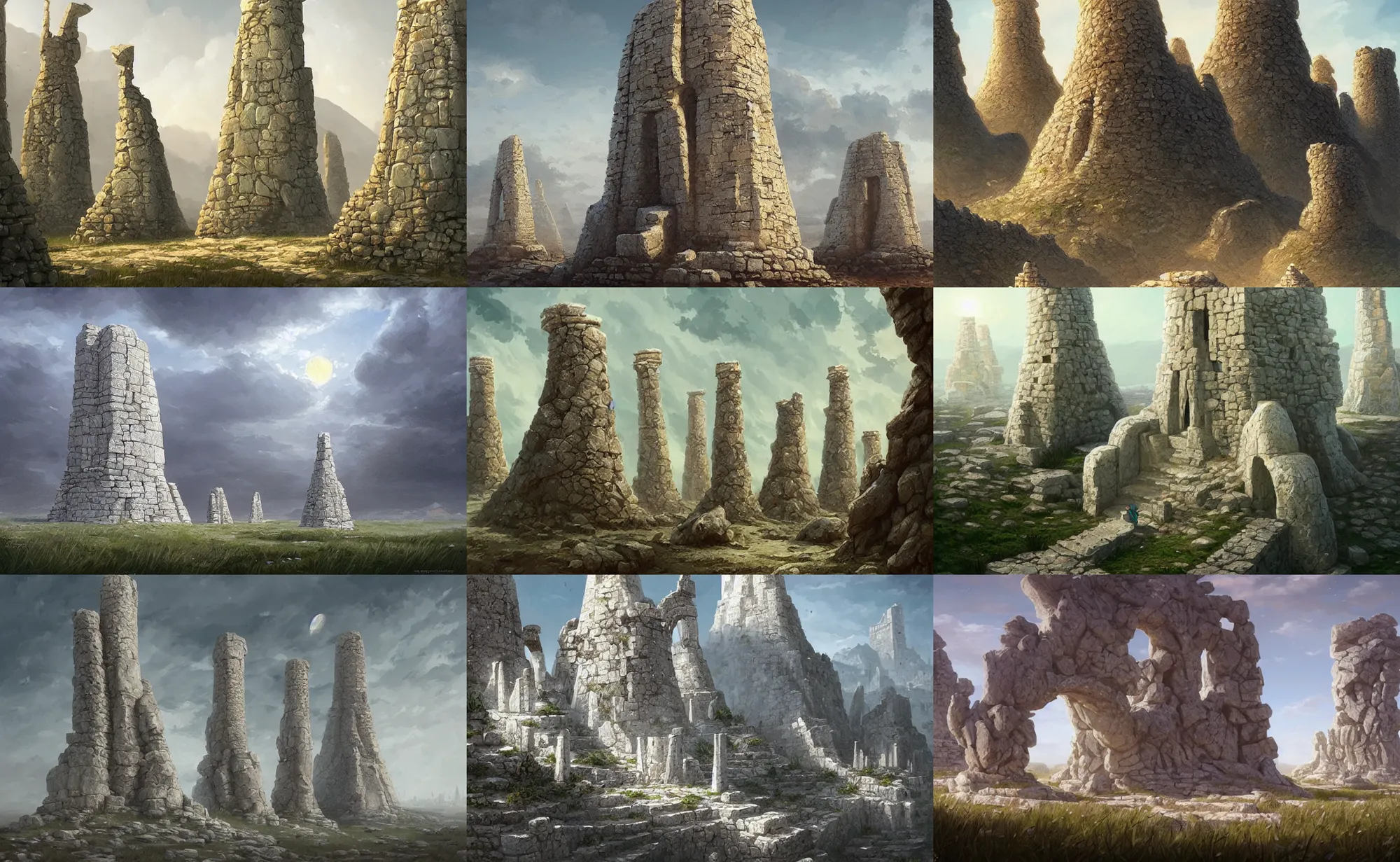 Prompt: white lime nuragic towers, highly detailed, digital painting, artstation, concept art, sharp focus, illustration, art by artgerm and greg rutkowski and raphael lacoste and magali villeneuve