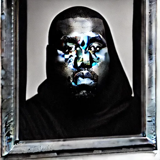 Image similar to a chiaroscuro lighting portrait of kanye west dressed as rick owens, black background, portrait by julia margaret cameron, shallow depth of field, 8 0 mm, f 1. 8