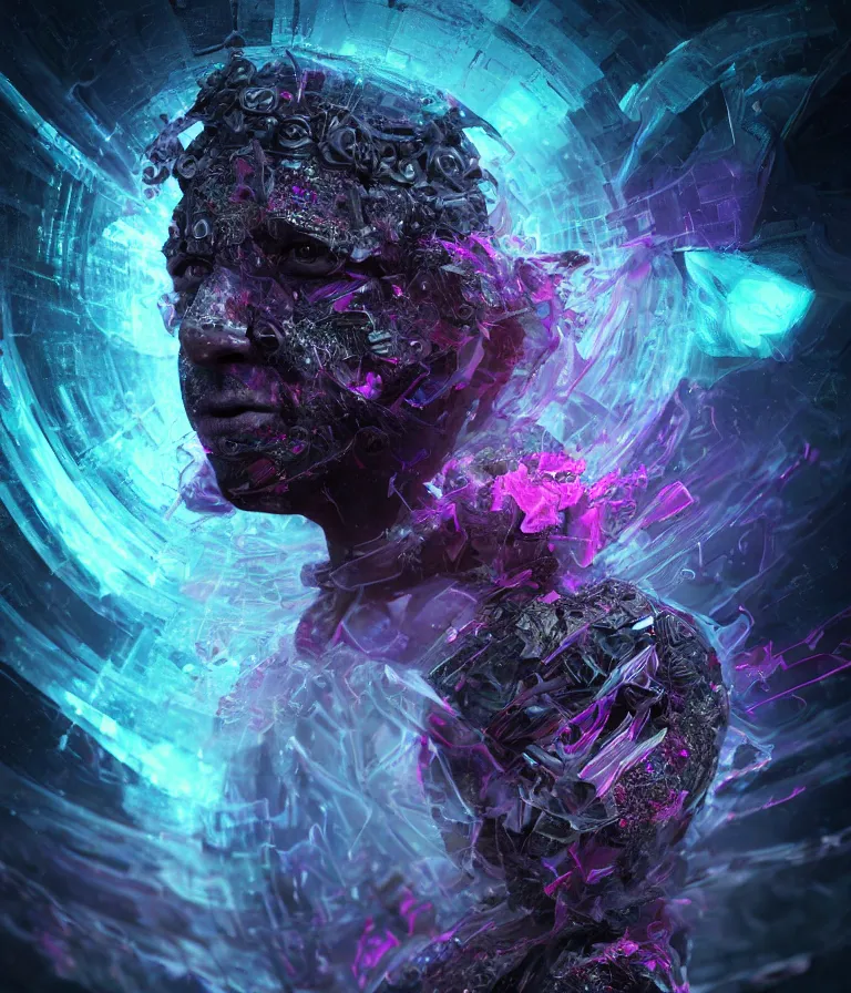 Image similar to impressive ominous front!! shot photo of a court jester character fine portrait fine portrait mesmerizing fractal hyper cubes platinum cracked dark future hyper dimensional space galactic crystal nebula edges elegant detailed intricate concept artstation sharp focus ray tracing cinematic masterpiece temporal corruption beeple wlop germ 8 4 k scifi glossy hyper realistic illustration canon eos r 3 fujifilm x - t 3 0 sony alpha a 6 6 0 0