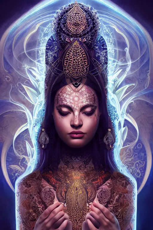 Image similar to a centered full body render of an alluring mystical goddess with tribal paintings surrounded by a underwater ink pour and flowing liquid galium and sacred geometry, perfect face, powerful, cinematic, beautifully lit, by artgerm, by karol bak, by viktoria gavrilenko, 3 d, trending on artstation, octane render, 8 k